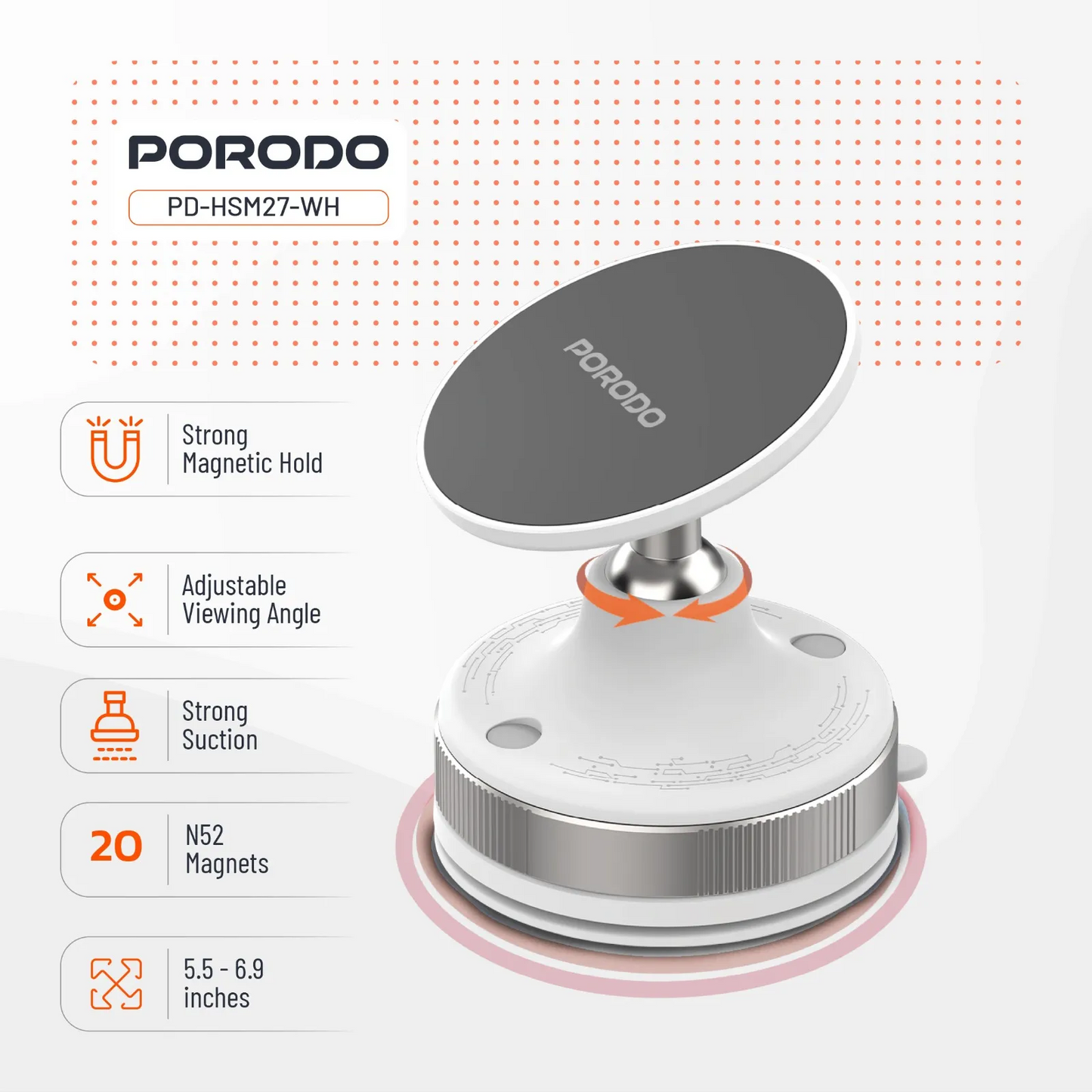 حامل هاتف بورودو المغناطيسي بقاعدة شفط دوارة 360 درجة - ابيض | Porodo 360° Rotatable Adjustable Magnetic Vacuum Suction Holder – White