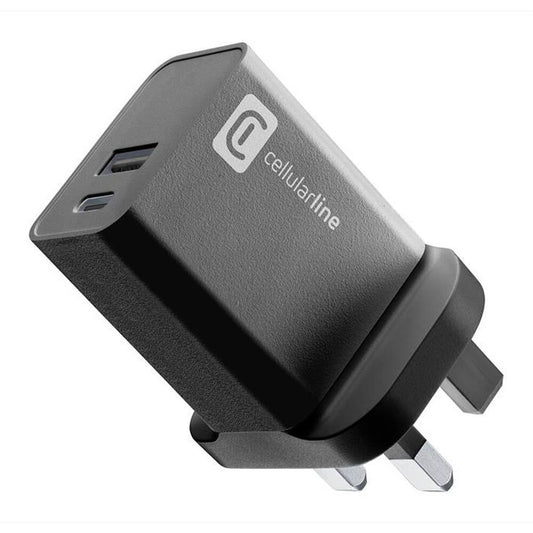 Cellularline Wall Charger USB-A/USB-C 2-Way PD - شاحن جداري بمنفذ يو اس بي أ ومنفذ يو اس بي سي من سيليلار لاين