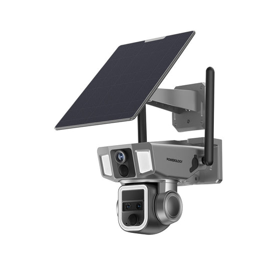 Kameraya Ewlehiyê ya Dual Lens a Powerology 4G/WiFi 360° bi Zoom 10x û Enerjiya Rojê - Reş