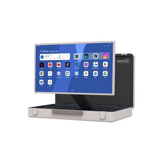 Tableta Derve ya Portable ya Android a Powerology 27 înç UHD bi Ekrana Destî û Bateriya 6800mAh - Spî | Tableta Derve ya Portable ya Android a Powerology 27” UHD 8GB RAM 128GB Depokirin – Spî