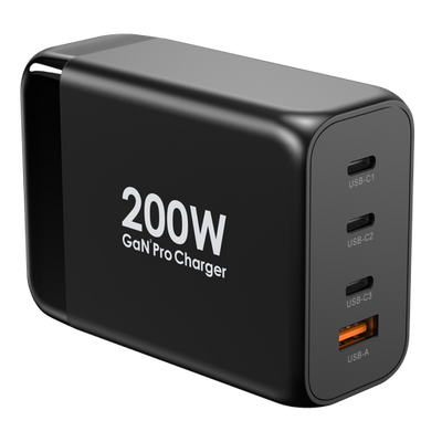 شاحن مكتبي باورولوجي 200 واط GaN سمارت تيرمنال, مع 3 منافذ PD ومنفذ QC - اسود | Powerology 200W GaN Smart Terminal, 3 PD Ports + 1 Q.C Port - Black.