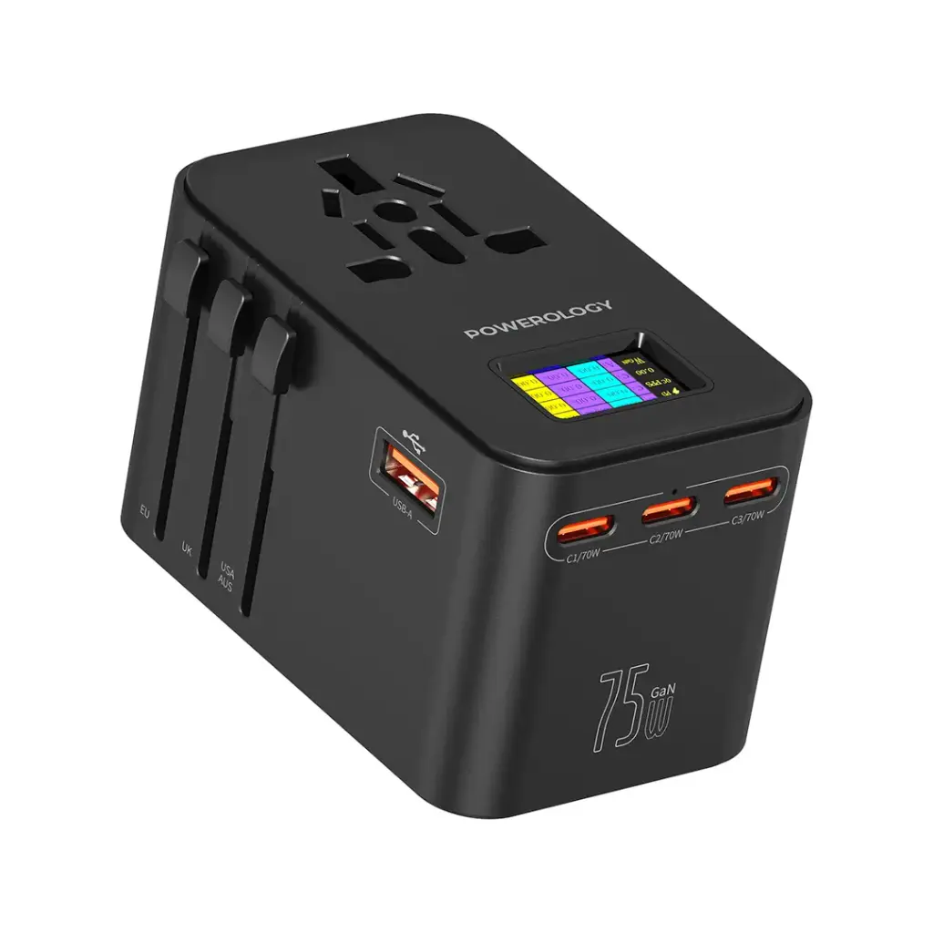 Adaptora rêwîtiyê ya 3-Port USB-C ya Powerology GaN 75W - Reş | Adaptora rêwîtiyê ya USB-C GaN ya Powerology PD75W×3 - Reş
