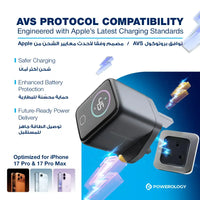 محول باورولوجي VoltFlow 45 واط USB-C مع شاشة TFT – شحن سريع ذكي | Powerology VoltFlow 45W Type-C Adaptor with TFT Screen Grey