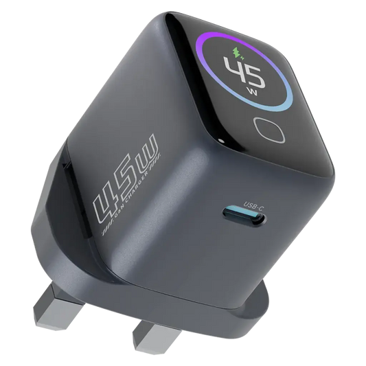 محول باورولوجي VoltFlow 45 واط USB-C مع شاشة TFT – شحن سريع ذكي | Powerology VoltFlow 45W Type-C Adaptor with TFT Screen Grey