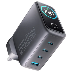 شاحن باورولوجي فولت فلو GaN بقدرة شحن 140 واط مع شاشة TFT - اسود | Powerology 140W VoltFlow GaN 4-Port Charger with TFT Display – Black