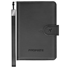 Promate PassMate Black slim leather passport holder with RFID protection and Apple Find My tracking