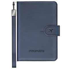 Promate PassMate Blue slim leather passport holder with RFID protection and Apple Find My tracking