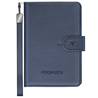 Promate PassMate Blue slim leather passport holder with RFID protection and Apple Find My tracking