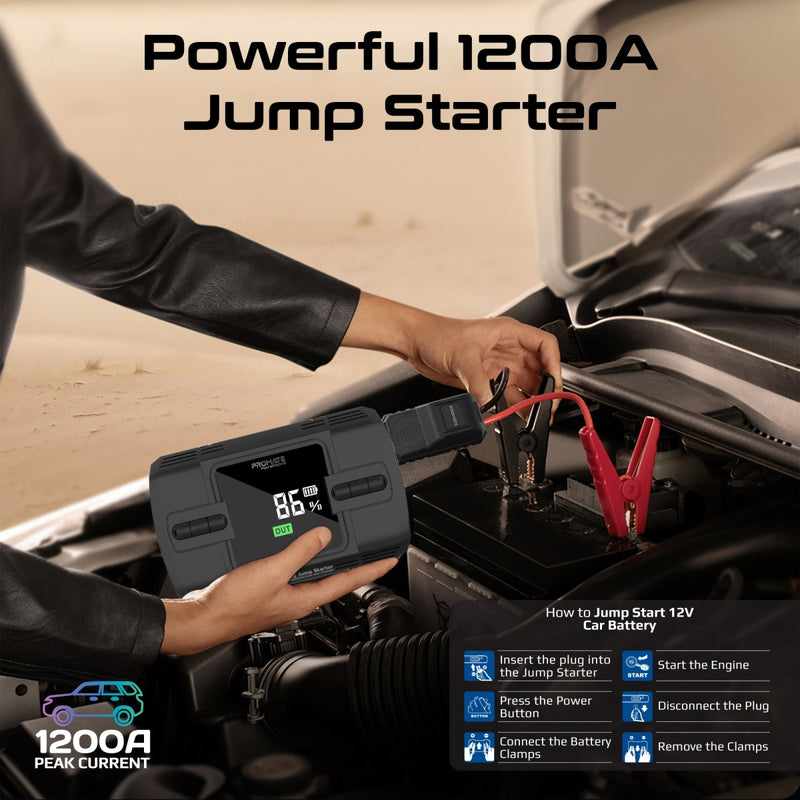 Promate PatrolPack-3 Car Jump Starter 1200A Air Compressor 12000mAh-Display