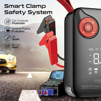 Promate PatrolPack-4 jump starter with smart clamps connected to car battery