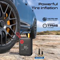 Promate PatrolPack-4 150PSI air compressor inflating a car tyre with TPMS auto cut-off