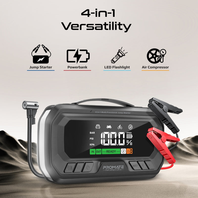 Promate PatrolPack-Ultra Car Jump Starter 3000A Air Compressor 16000mAh-Clamps