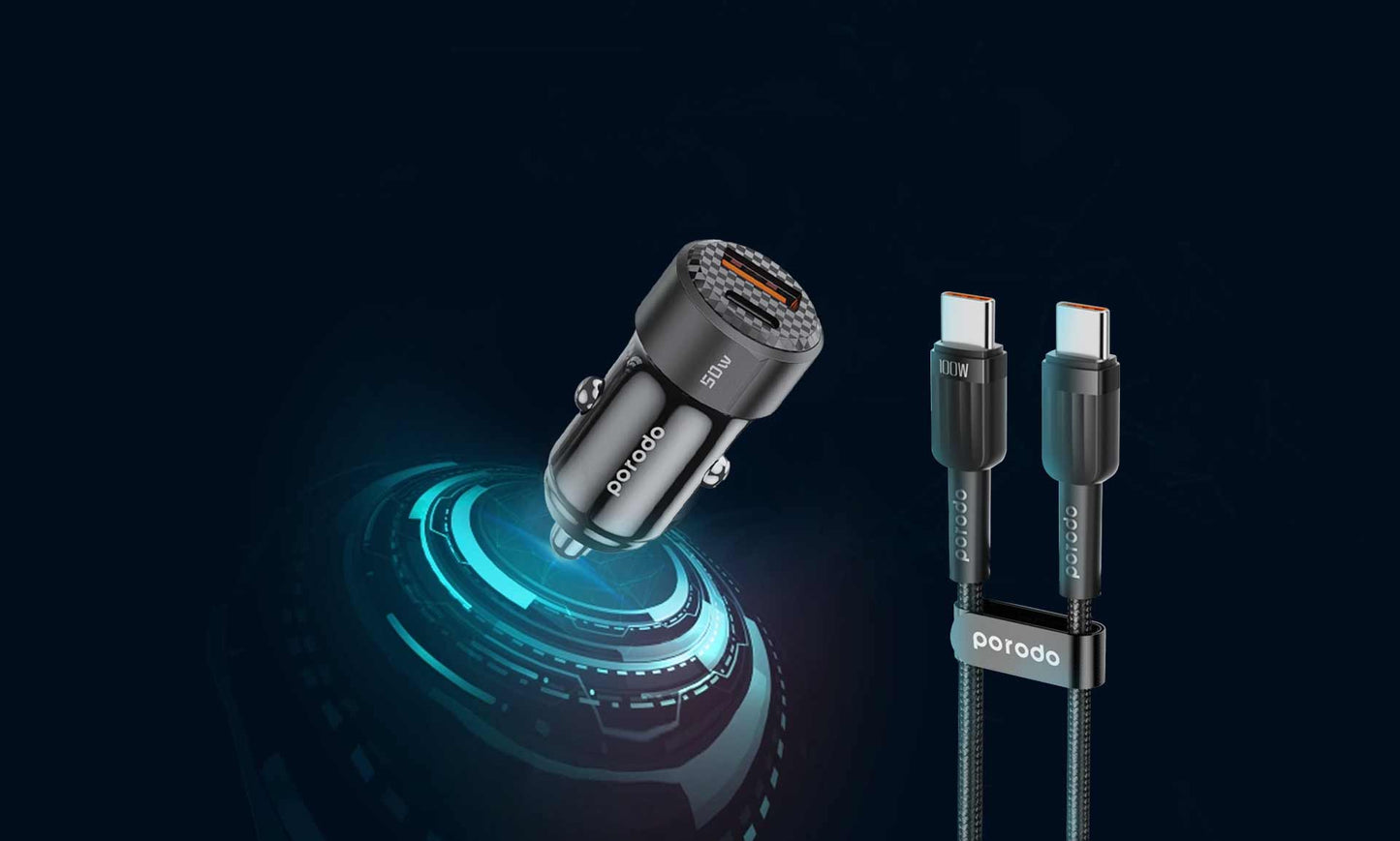 Şarjêra Otomobîlê ya Du Port a 50W bi Kabloya USB-C ber bi USB-C - Reş | Porodo Şarjêra Otomobîlê ya Du Port a 50W PD 20W QC 30W bi Kabloya C ber bi C - Reş