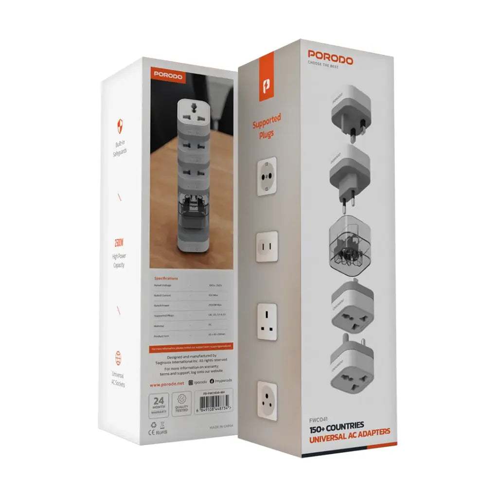 بورودو محول سفر 4 في 1 بفيشة بريطانية - ابيض | Porodo 4-in-1 Adaptor UK Plug - White