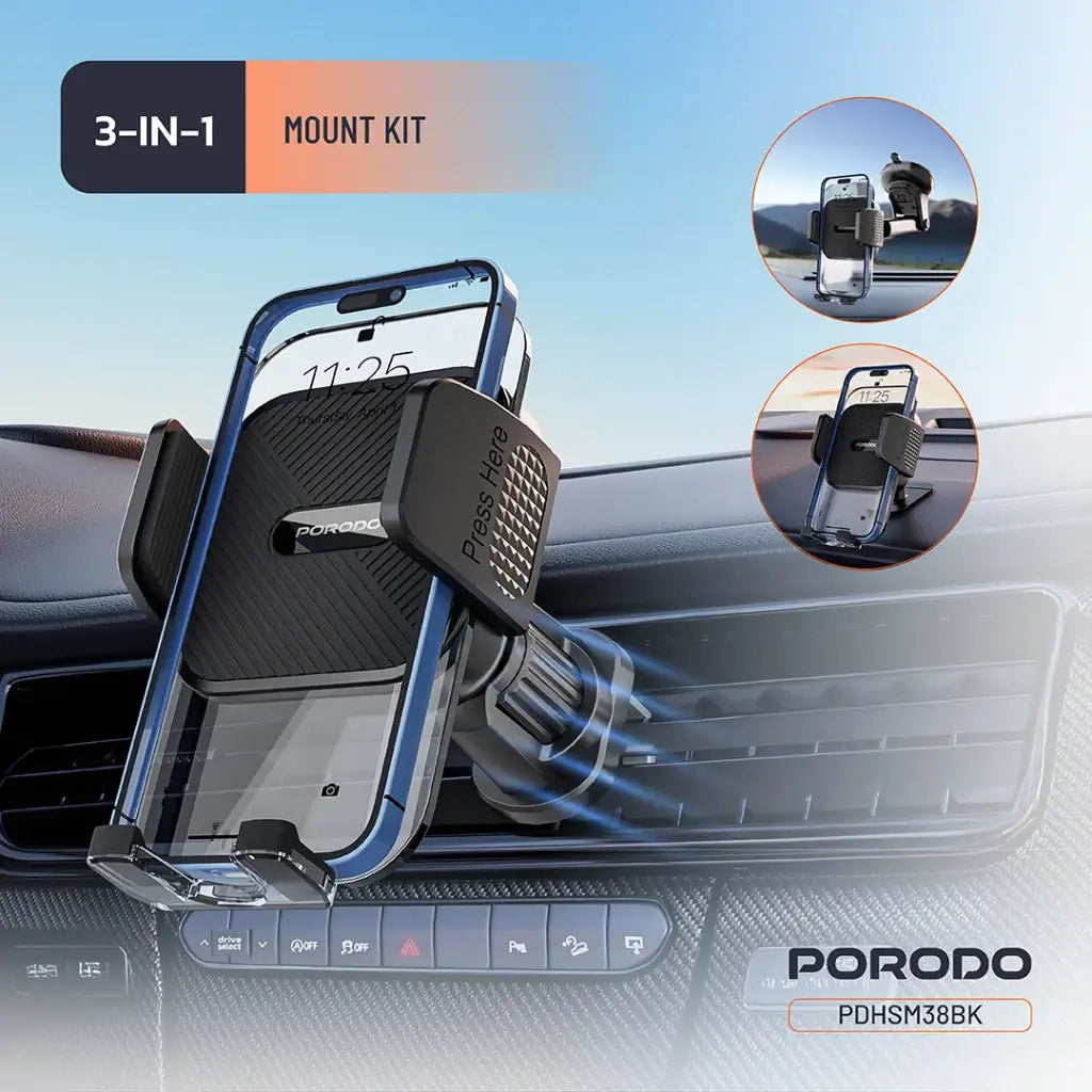 حامل هاتف بوردو 3 في 1 - PORODO MOUNTPRO 3-IN-1 Kit 3M HIGH-PERFORMANCE STICKY ANYWHERE PAD - Black