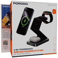 Porodo Powerdock 4-in-1 Wireless Charging Station with 360° Adjustable View – Black | محطة شحن لاسلكية 4‑في‑۱ بورودو بواجهة مشاهدة قابلة للتعديل 360° – أسود