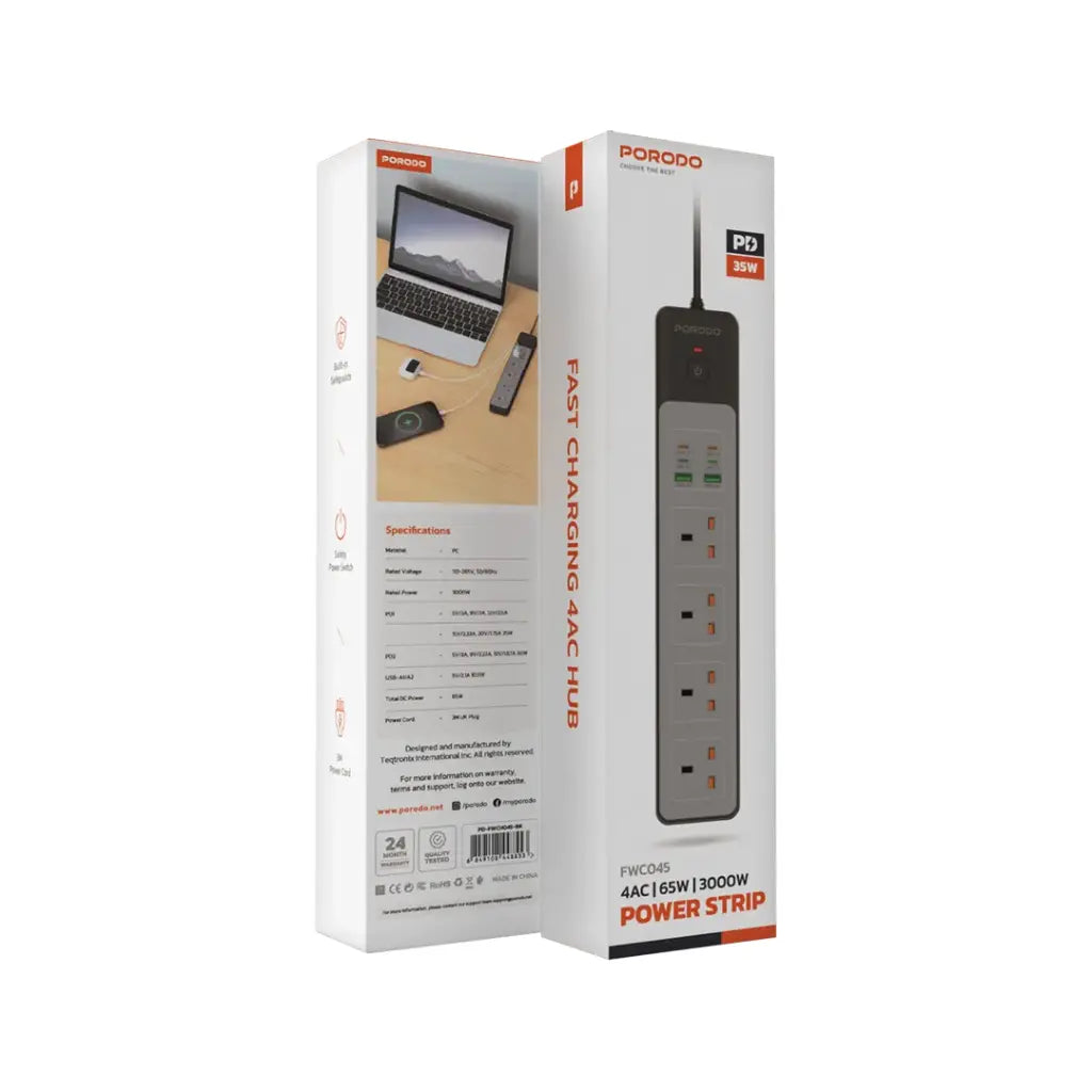 وصلة كهربائية بورودو ب 4 منافذ AC بقدرة 3000 واط و شحن سريع بقدرة 65 واط - اسود | Porodo 4AC 65W 3000W Power Strip - Black.