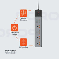 وصلة كهربائية بورودو ب 4 منافذ AC بقدرة 3000 واط و شحن سريع بقدرة 65 واط - اسود | Porodo 4AC 65W 3000W Power Strip - Black.
