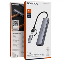 Porodo 5-in-1 Multiport Hub with PD Charging & 5Gbps Transfer - Gray | بورودو 5-في-1 هاب متعدد المنافذ مع شحن PD وسرعة نقل 5 جيجابت/ثانية - رمادي
