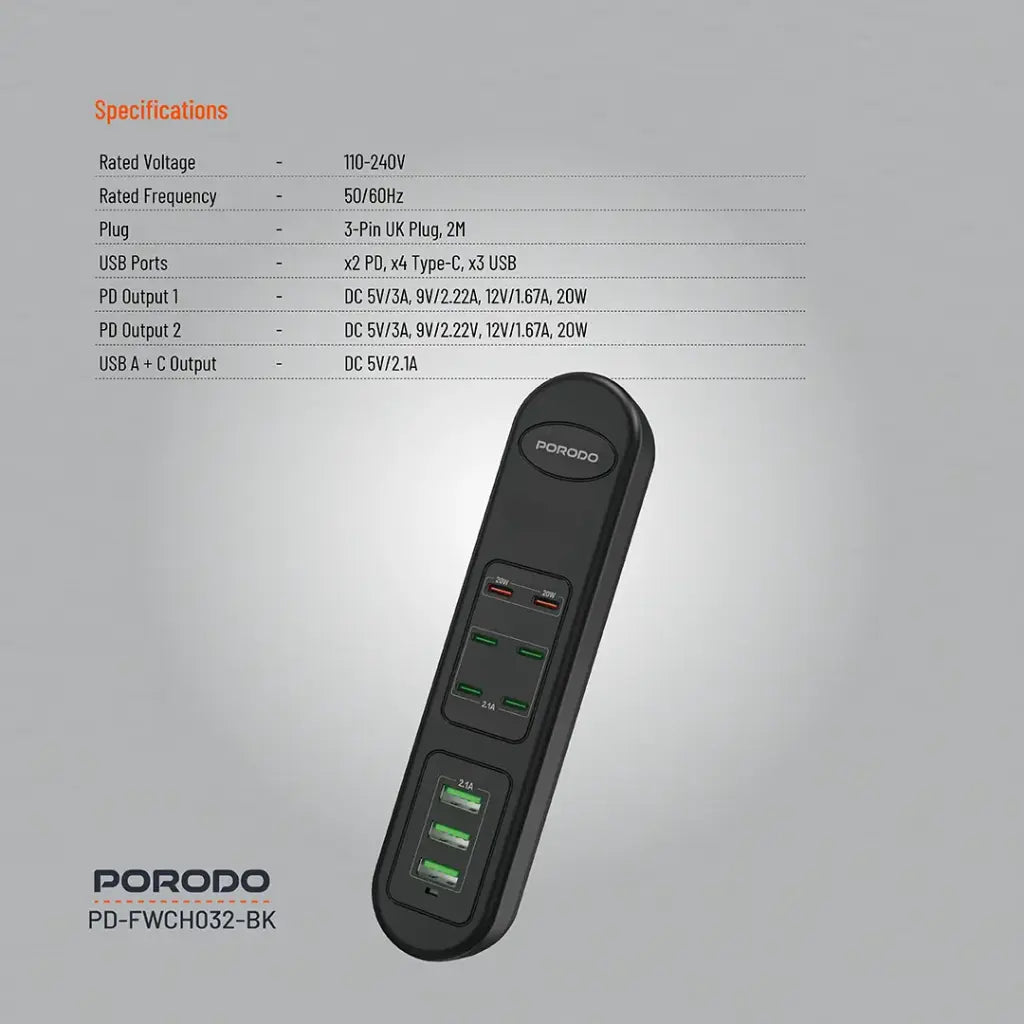 Hub-a USB-ya Barkirina Bilez a Porodo 50W PDx6 USBx3 bi 6 Portên Type-C û 3 Portên USB-A, Kabloya 2m - Reş | Porodo 50W PDx6 USBx3 Şerîta Barkirina Bilez a Keyaniya Yekbûyî (Têla 2m) - Reş