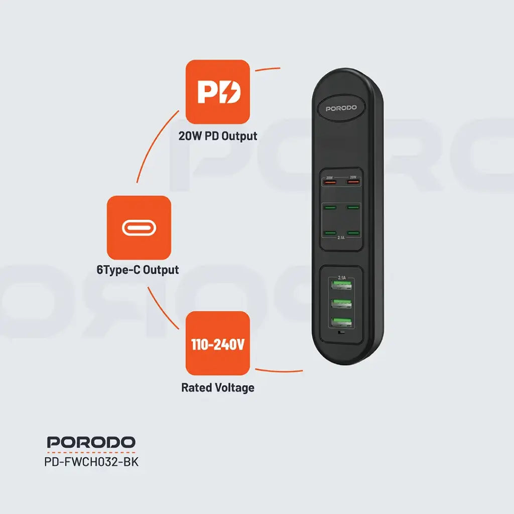 Hub-a USB-ya Barkirina Bilez a Porodo 50W PDx6 USBx3 bi 6 Portên Type-C û 3 Portên USB-A, Kabloya 2m - Reş | Porodo 50W PDx6 USBx3 Şerîta Barkirina Bilez a Keyaniya Yekbûyî (Têla 2m) - Reş
