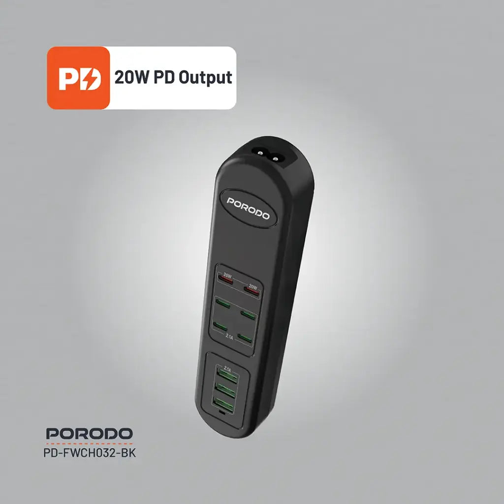 Hub-a USB-ya Barkirina Bilez a Porodo 50W PDx6 USBx3 bi 6 Portên Type-C û 3 Portên USB-A, Kabloya 2m - Reş | Porodo 50W PDx6 USBx3 Şerîta Barkirina Bilez a Keyaniya Yekbûyî (Têla 2m) - Reş