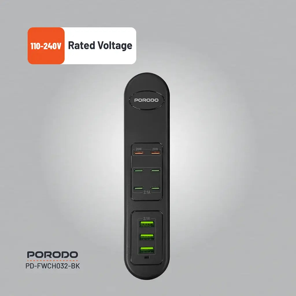Hub-a USB-ya Barkirina Bilez a Porodo 50W PDx6 USBx3 bi 6 Portên Type-C û 3 Portên USB-A, Kabloya 2m - Reş | Porodo 50W PDx6 USBx3 Şerîta Barkirina Bilez a Keyaniya Yekbûyî (Têla 2m) - Reş