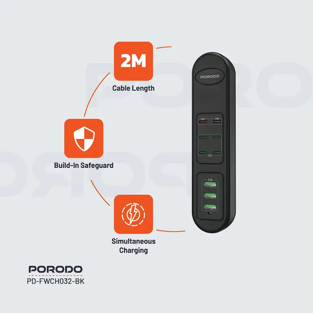 Hub-a USB-ya Barkirina Bilez a Porodo 50W PDx6 USBx3 bi 6 Portên Type-C û 3 Portên USB-A, Kabloya 2m - Reş | Porodo 50W PDx6 USBx3 Şerîta Barkirina Bilez a Keyaniya Yekbûyî (Têla 2m) - Reş