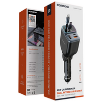 Porodo 65W Car Charger Dual Retractable Cable - Black | شاحن سيارة بورودو 65W بكابلين قابلين للسحب - أسود
