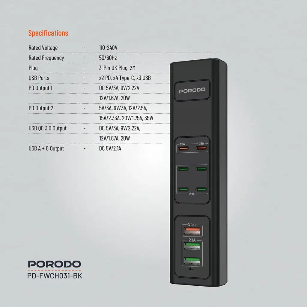 Porodo 85W X6 PD X3 USB Şerîta Barkirina Bilez bi 6 Portên Type-C û 3 USB-A - Reş | Porodo 85W X6 PD X3 USB Şerîta Barkirina Bilez a Keyaniya Yekbûyî - Reş