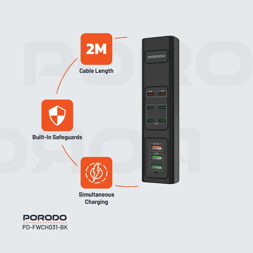 Porodo 85W X6 PD X3 USB Şerîta Barkirina Bilez bi 6 Portên Type-C û 3 USB-A - Reş | Porodo 85W X6 PD X3 USB Şerîta Barkirina Bilez a Keyaniya Yekbûyî - Reş