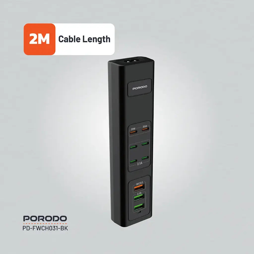 Porodo 85W X6 PD X3 USB Şerîta Barkirina Bilez bi 6 Portên Type-C û 3 USB-A - Reş | Porodo 85W X6 PD X3 USB Şerîta Barkirina Bilez a Keyaniya Yekbûyî - Reş