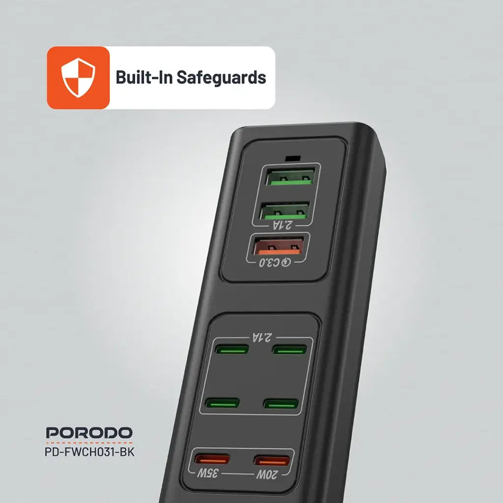 Porodo 85W X6 PD X3 USB Şerîta Barkirina Bilez bi 6 Portên Type-C û 3 USB-A - Reş | Porodo 85W X6 PD X3 USB Şerîta Barkirina Bilez a Keyaniya Yekbûyî - Reş