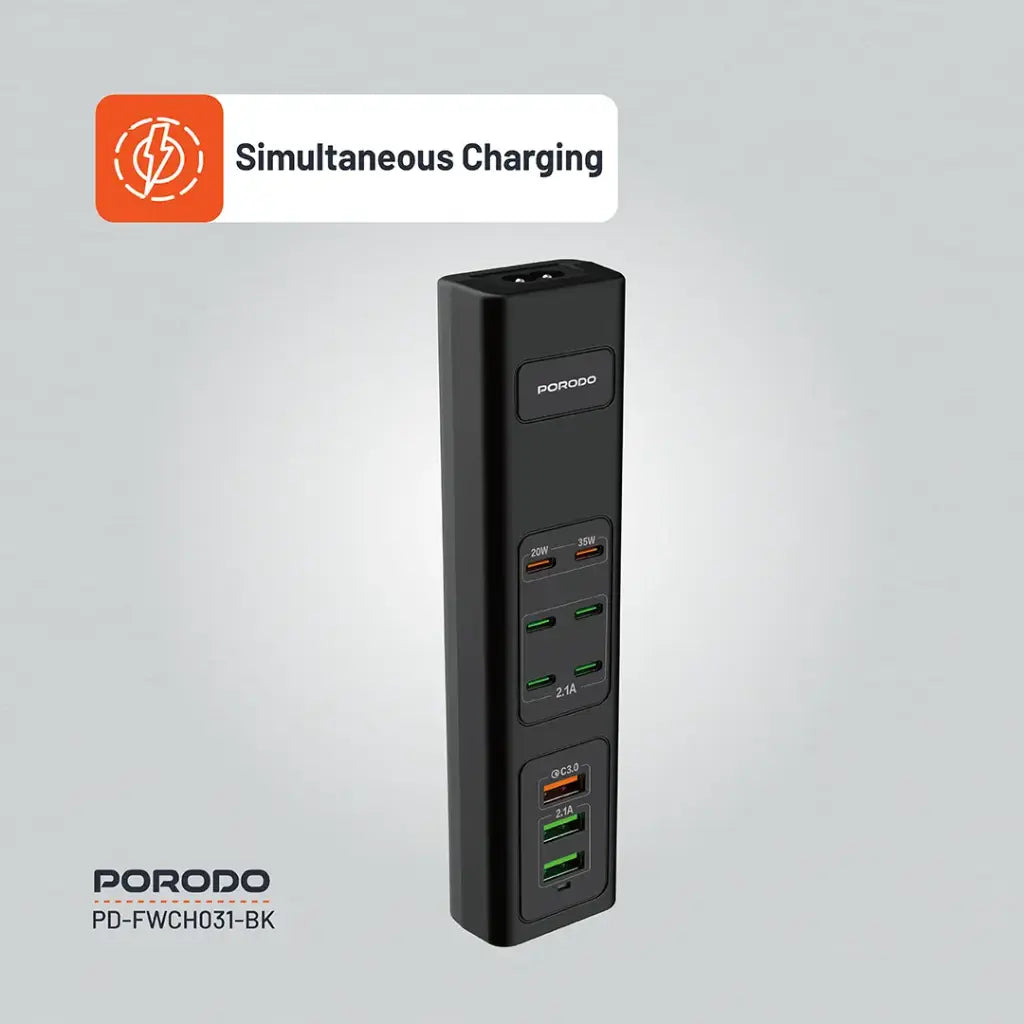 Porodo 85W X6 PD X3 USB Şerîta Barkirina Bilez bi 6 Portên Type-C û 3 USB-A - Reş | Porodo 85W X6 PD X3 USB Şerîta Barkirina Bilez a Keyaniya Yekbûyî - Reş