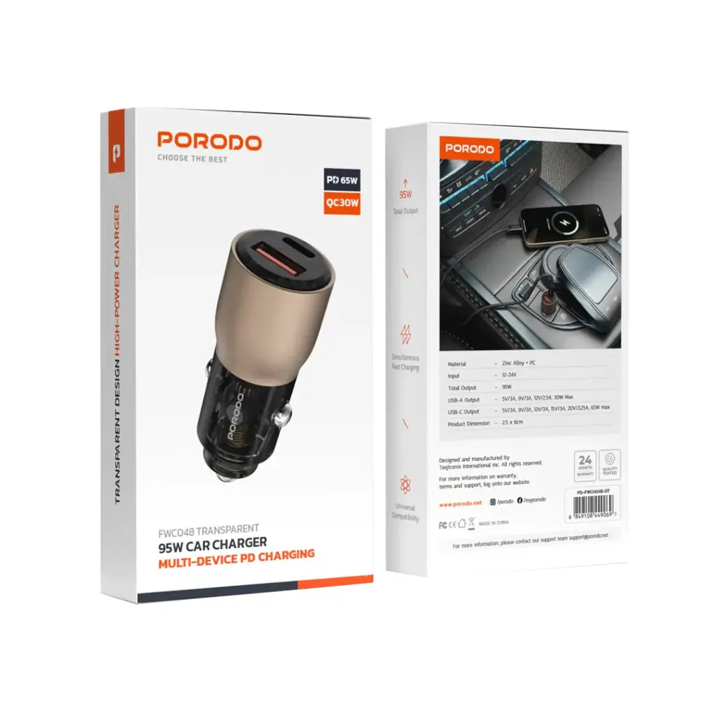 شاحن سيارة بورودو شفاف 95 واط بمنفذي يو اس بي سي و يو اس بي اي  | Porodo 95W Transparent USB A+C Port Car Charger