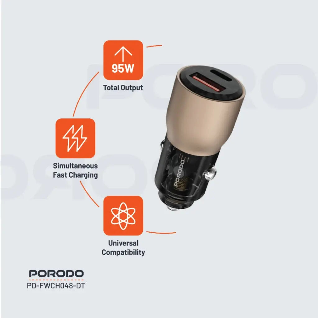 شاحن سيارة بورودو شفاف 95 واط بمنفذي يو اس بي سي و يو اس بي اي  | Porodo 95W Transparent USB A+C Port Car Charger