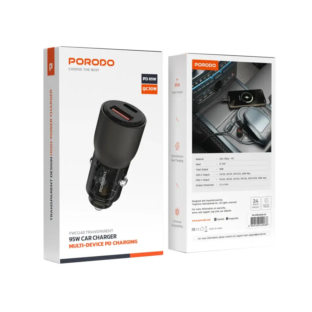 شاحن سيارة بورودو شفاف 95 واط بمنفذي يو اس بي سي و يو اس بي اي  | Porodo 95W Transparent USB A+C Port Car Charger