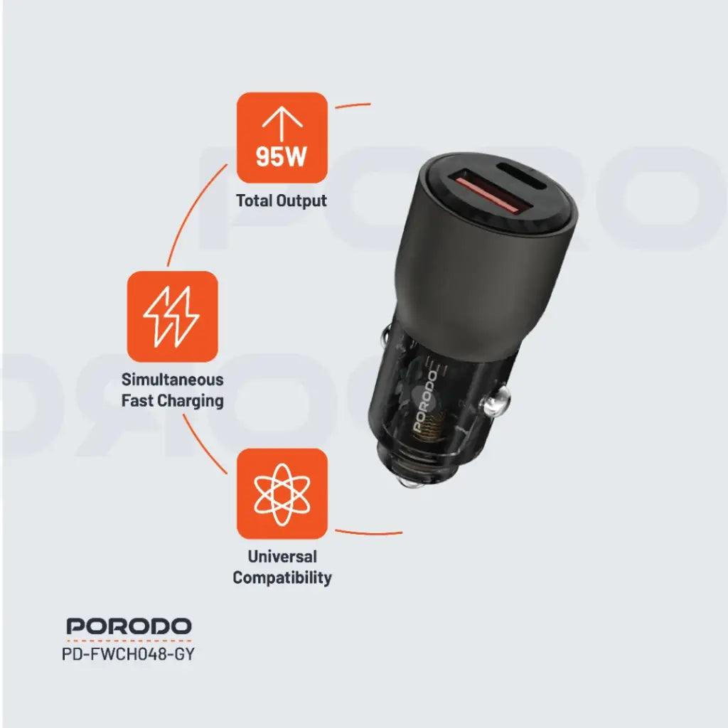 شاحن سيارة بورودو شفاف 95 واط بمنفذي يو اس بي سي و يو اس بي اي  | Porodo 95W Transparent USB A+C Port Car Charger