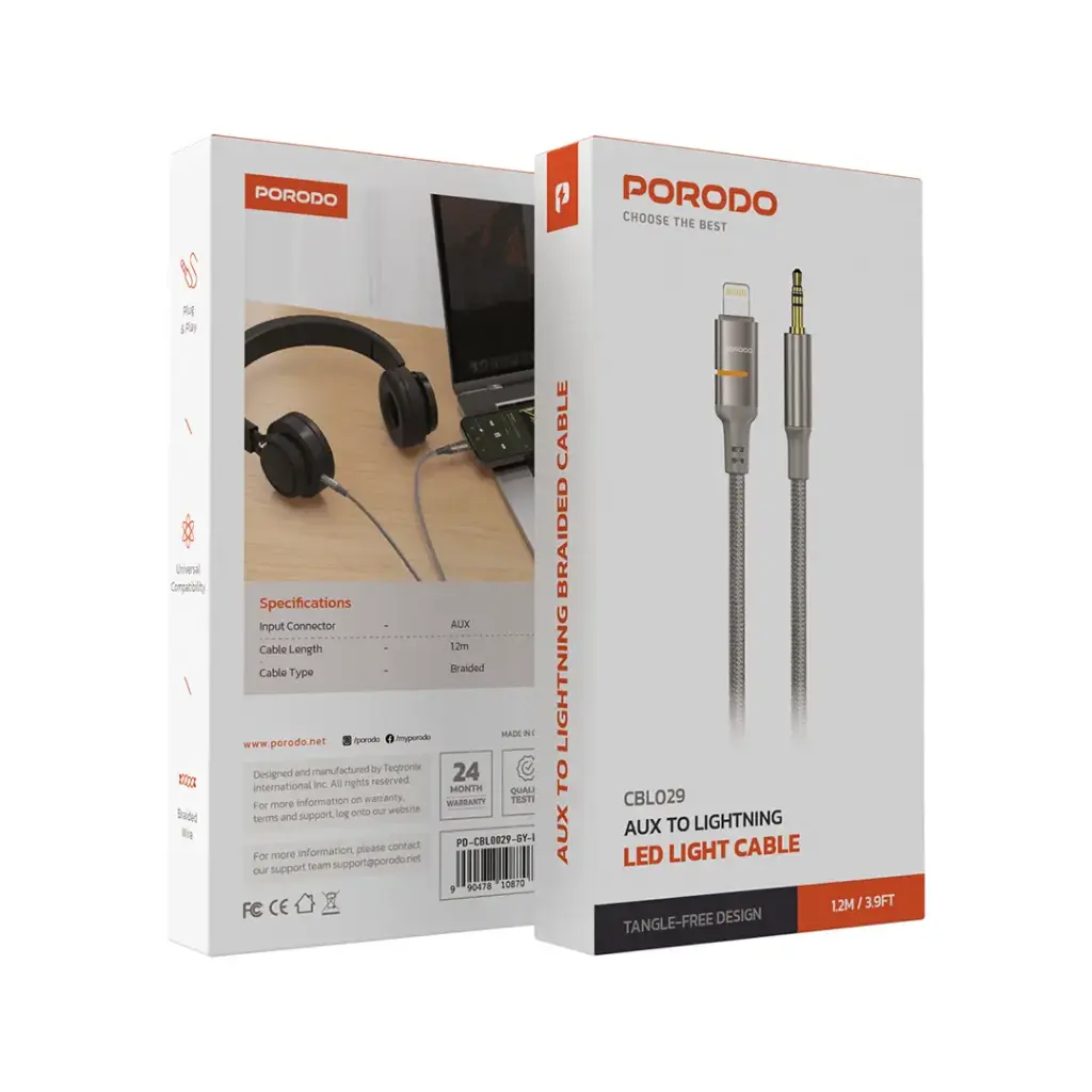 كيبل بورودو لايتننغ الى 3.5mm مضفر بطول 1.2 متر - رمادي | Porodo USB2.0 Lightning to 3.5mm Braided Audio Cable 1.2M – Grey