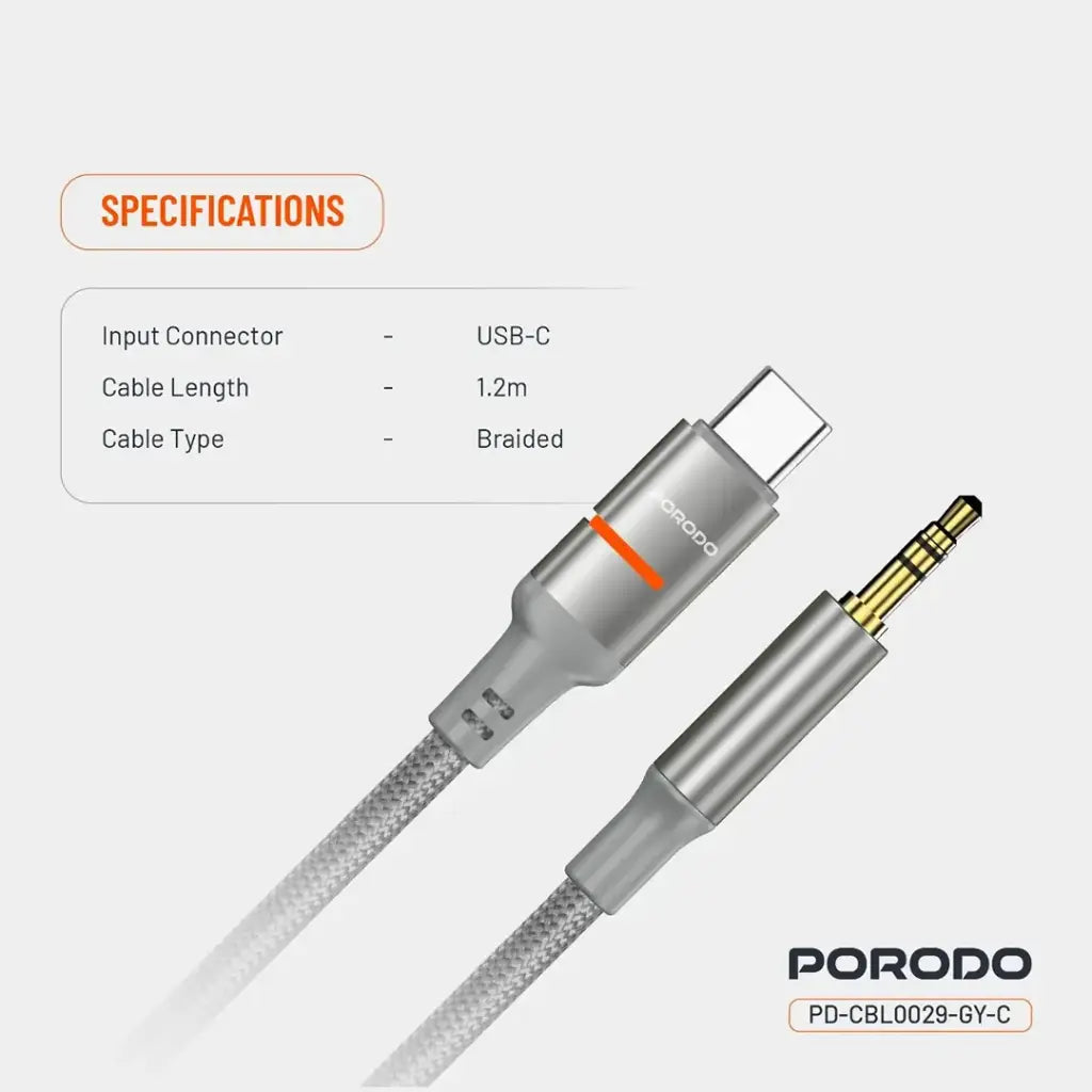 Porodo AUX to Lightning & USB-C Cable with LED Light - Gray | كابل بورودو AUX إلى Lightning و USB-C مع إضاءة LED - رمادي