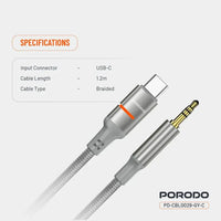 Porodo AUX to Lightning & USB-C Cable with LED Light - Gray | كابل بورودو AUX إلى Lightning و USB-C مع إضاءة LED - رمادي
