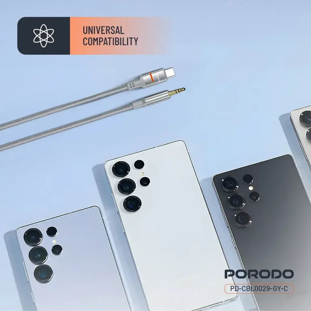Porodo AUX to Lightning & USB-C Cable with LED Light - Gray | كابل بورودو AUX إلى Lightning و USB-C مع إضاءة LED - رمادي