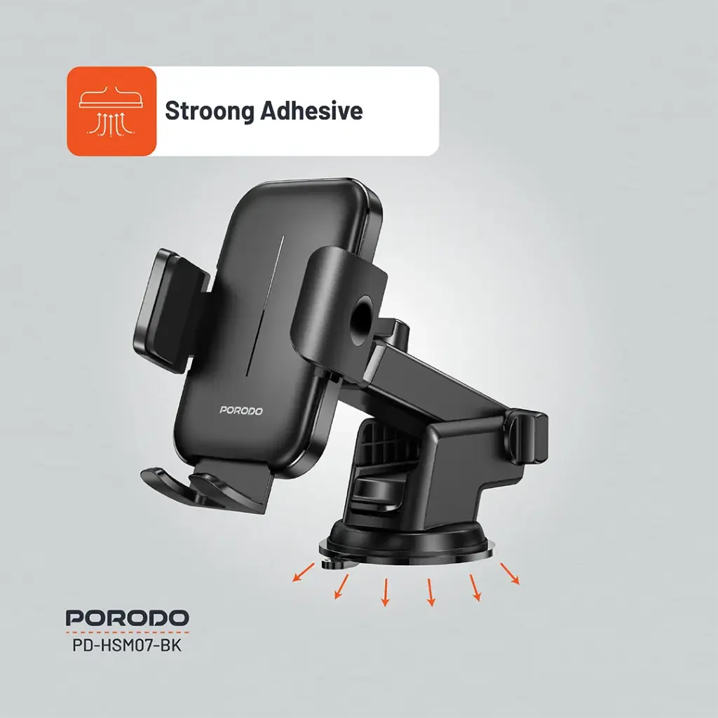 حامل جوال عالمي للسيارة من بورودو مع مشبك قابل للتعديل - اسود | Porodo Universal Adjustable Clamp Car Phone Stand for Dashboard & Windshield – Black