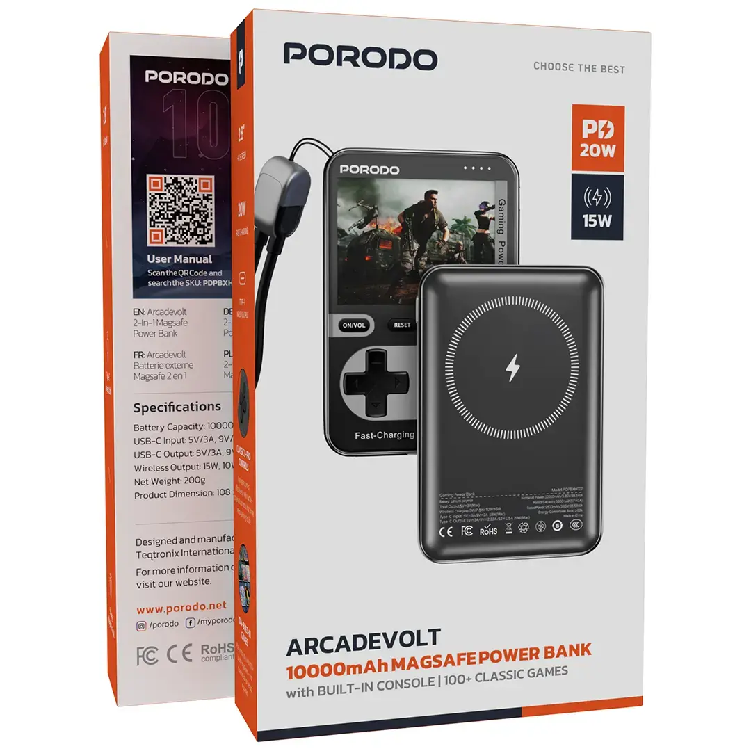 باور بانك بورودو اركيد فولت المغناطيسي اللاسلكي بسعة 10,000 مللي امبير - اسود | Porodo Arcadevolt 10000mAh MagSafe Power Bank - Black