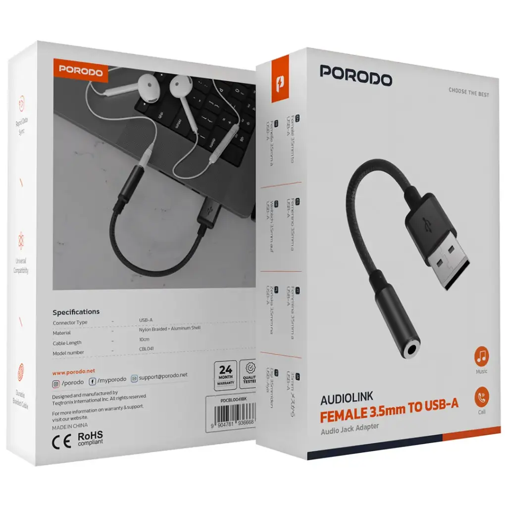 Porodo AudioLink Female 3.5MM To USB-A Audio Jack Adapter - Black | محول صوت بورودو من 3.5 ملم إلى USB-A - أسود