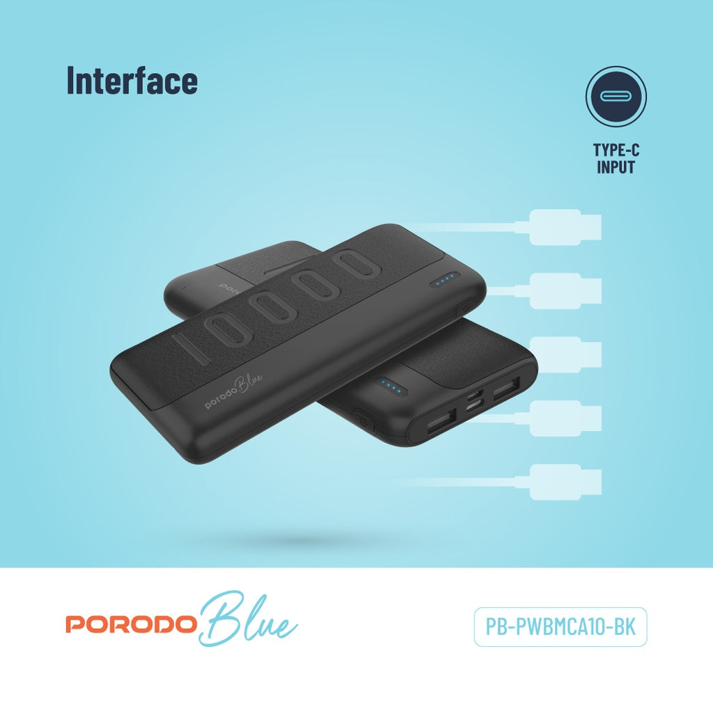 باور بانك بورودو بلو النحيف بسعة 10,000 مللي امبير بمنفذي يو اس بي اي | Porodo Blue 10000mAh Slim Power Bank Dual USB-A Output
