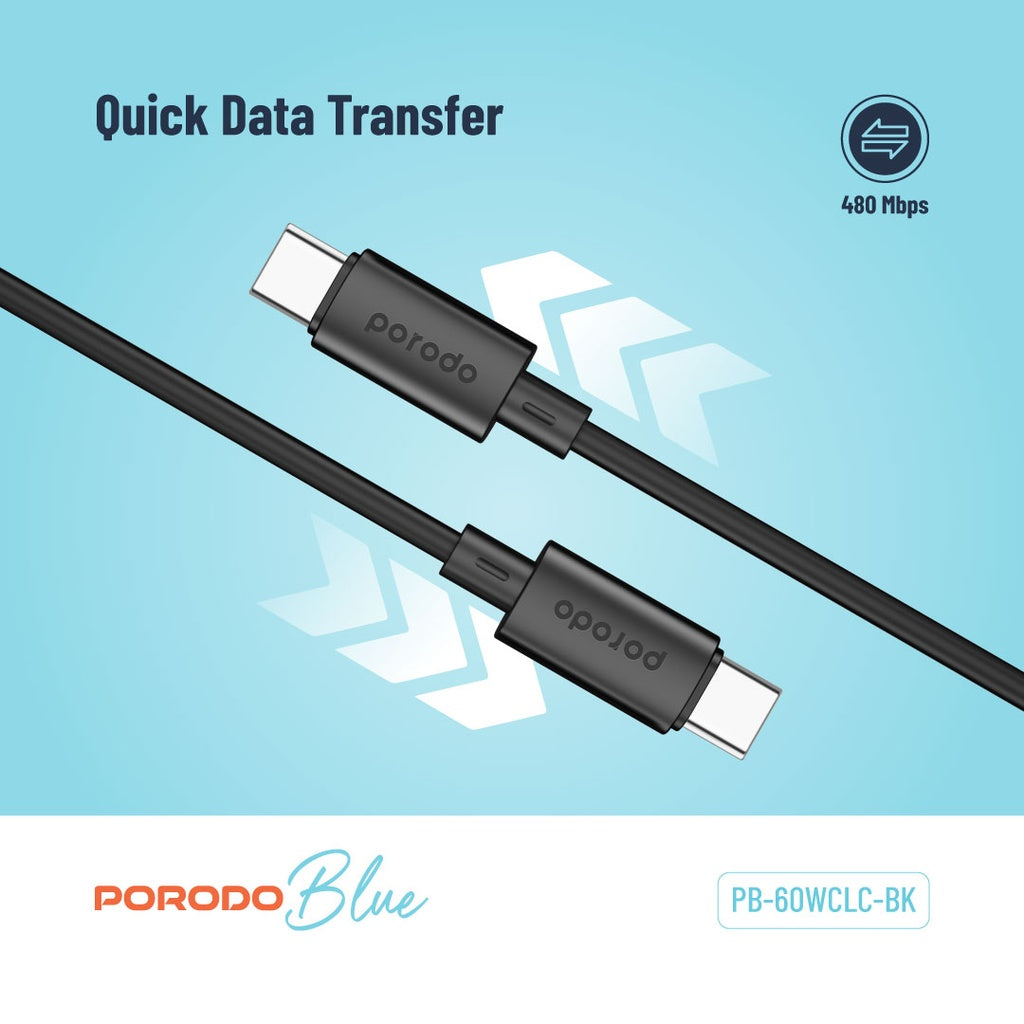 كابل Porodo Blue 60W PD Type C to C PVC Cable 1.2M - Black | كابل شحن سريع