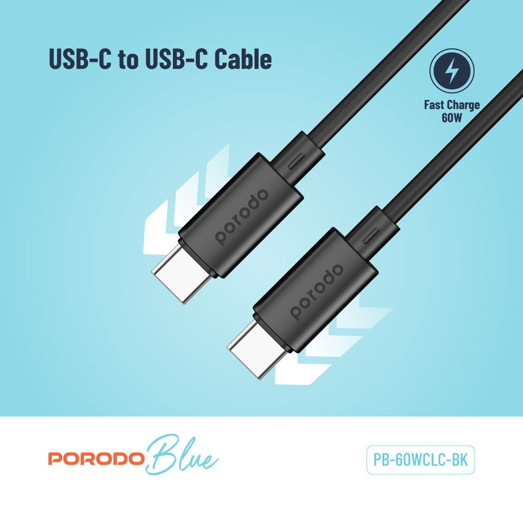 كابل Porodo Blue 60W PD Type C to C PVC Cable 1.2M - Black | كابل شحن سريع