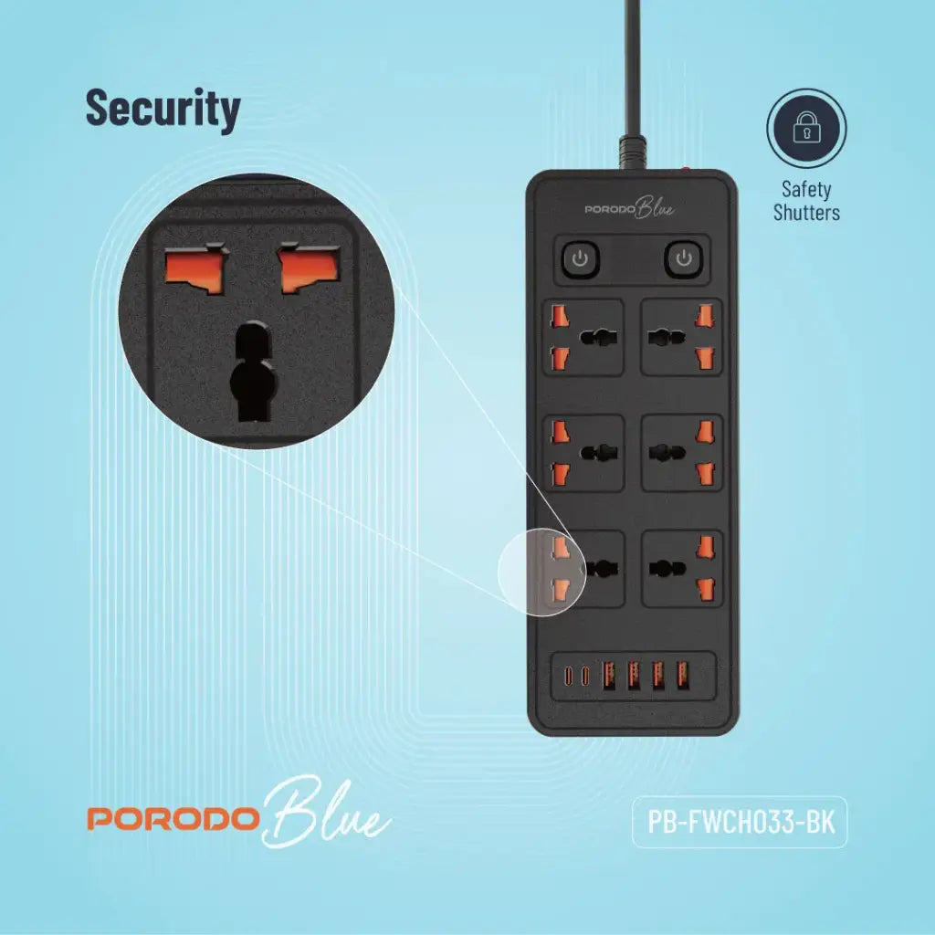 وصلة كهربائية بورودو بلو ب 6 منافذ AC و 2 منافذ تايب سي و 4 منافذ تايب اي, كيبل بطول 3 متر | Porodo Blue 6 AC Power Socket With X2 USB-C X4 USB-A, 3M wire - Black