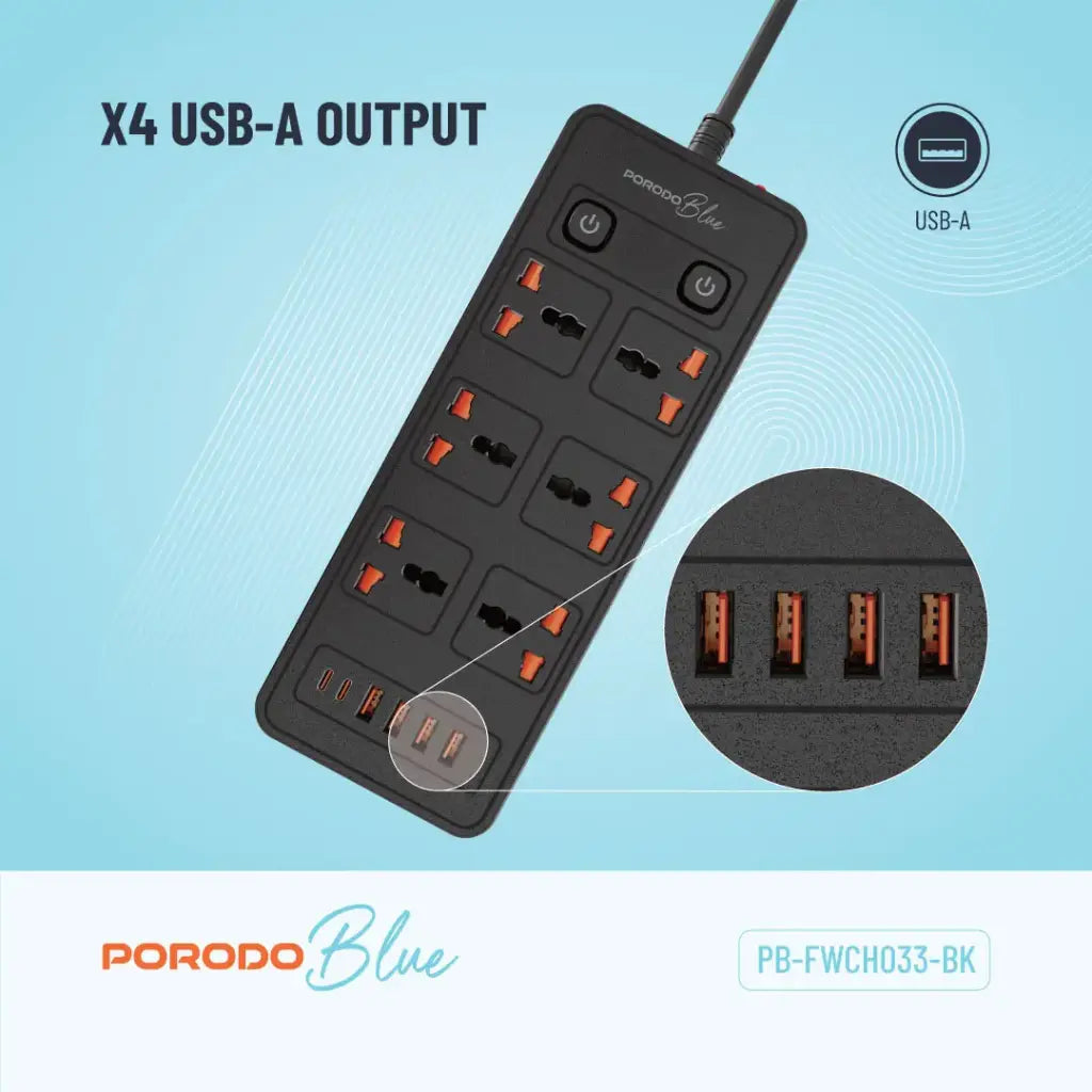 وصلة كهربائية بورودو بلو ب 6 منافذ AC و 2 منافذ تايب سي و 4 منافذ تايب اي, كيبل بطول 3 متر | Porodo Blue 6 AC Power Socket With X2 USB-C X4 USB-A, 3M wire - Black